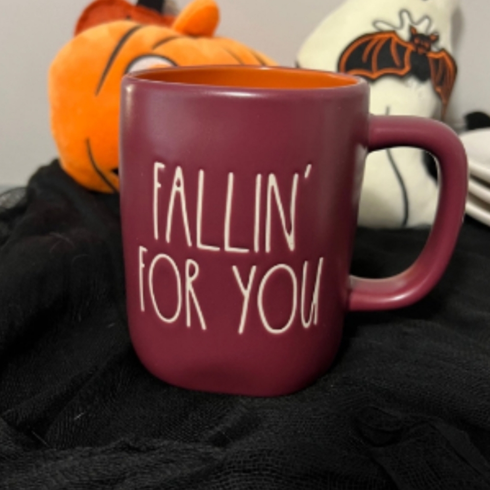 Rae Dunn FALLIN’ for YOU burgundy mug, with orange interior, Fall, Autumn